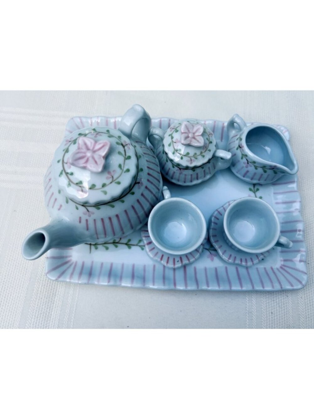 Hand-Painted Porcelain Mini Tea Set With Floral & Pink Stripe Design Shabby Chic - Picture 4 of 6